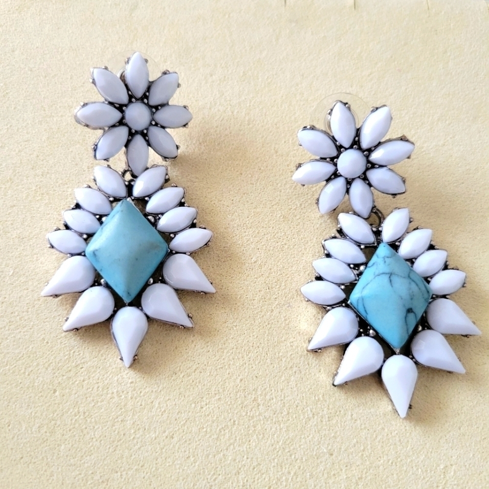 • Hanging Pierced Earrings • White and Turquoise Synthetic Stones